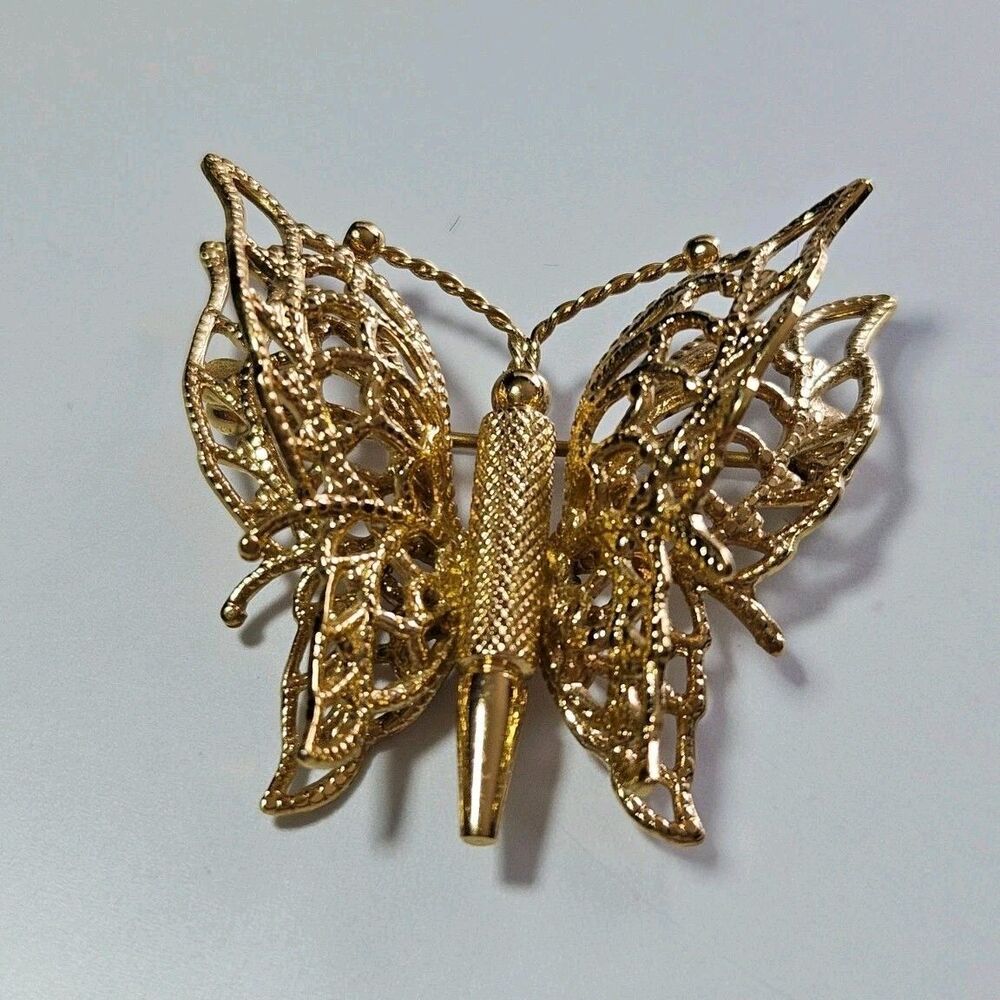 Monet Gold Tone Filigree Butterfly Brooch Vintage